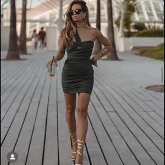 NWT Zara ASYMMETRICAL neckline LINEN BLEND DRESS green ruching mini - Picture 8 of 14